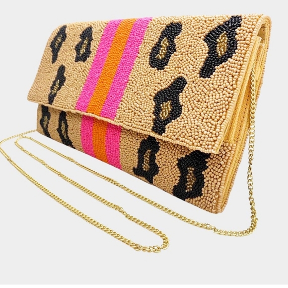 Leopard Patterned Color Block Seed Beaded Clutch / Crossbody Bag - Picture 2 of 2